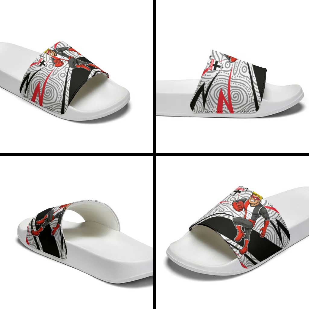 St Kilda Saints Australian Football Slide Sandals Superhero Mascot Art With Indigenous Pattern Art