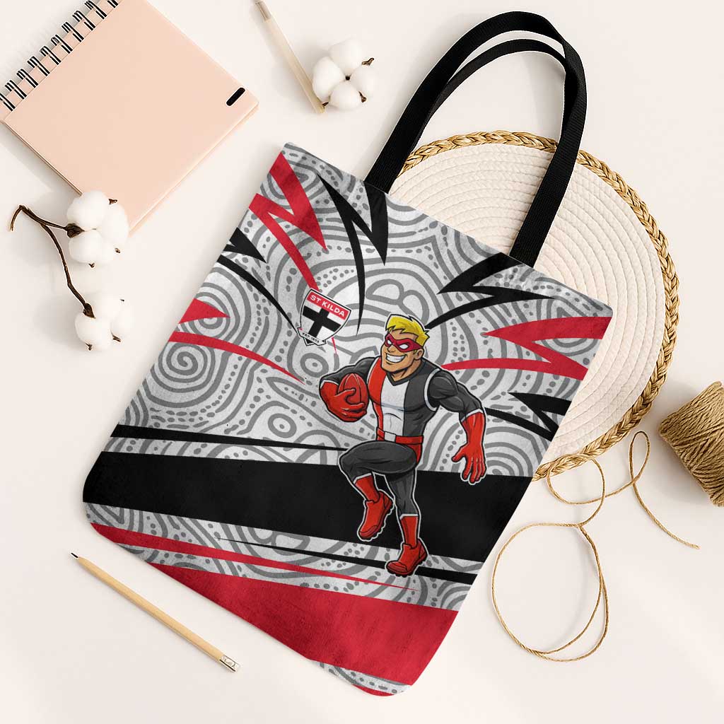 St Kilda Saints Australian Football Tote Bag Superhero Mascot Art With Indigenous Pattern Art