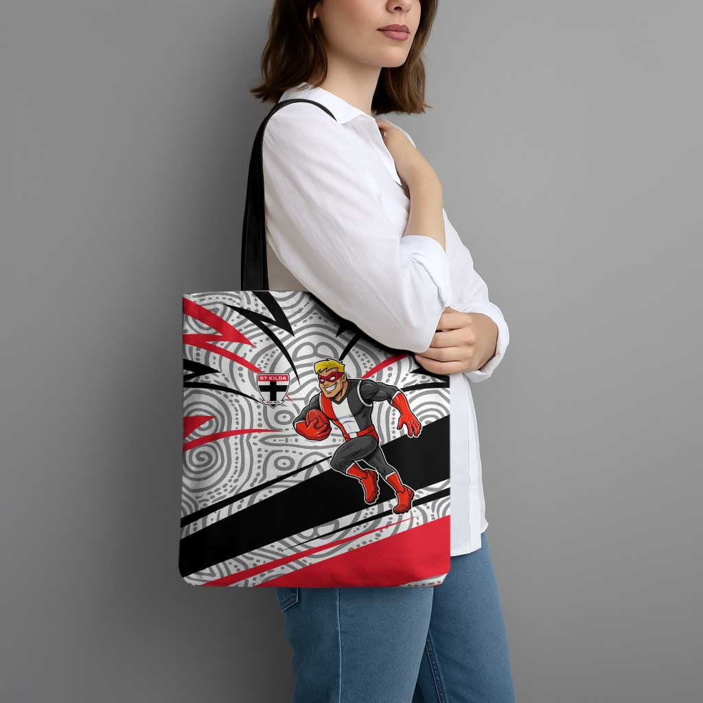 St Kilda Saints Australian Football Tote Bag Superhero Mascot Art With Indigenous Pattern Art