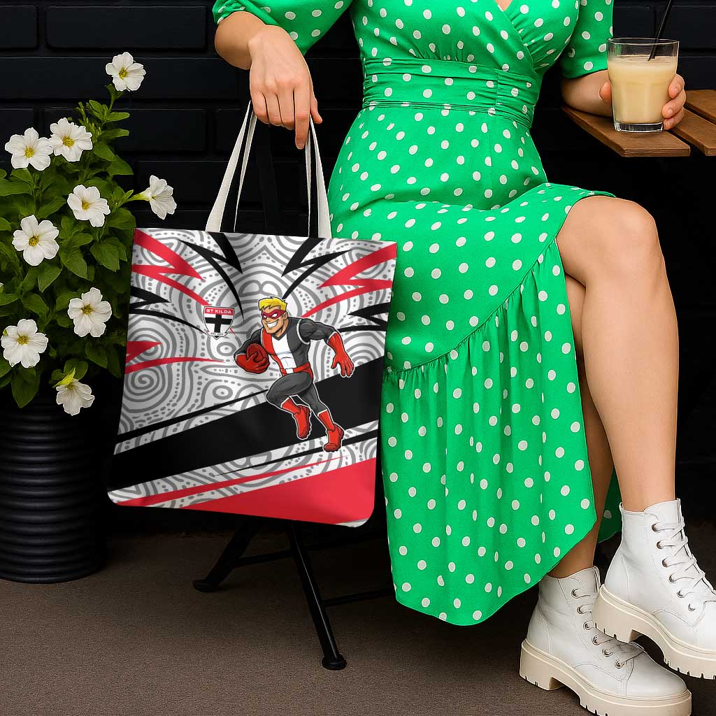 St Kilda Saints Australian Football Tote Bag Superhero Mascot Art With Indigenous Pattern Art