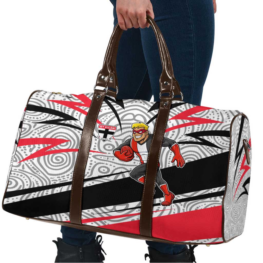 St Kilda Saints Australian Football Travel Bag Superhero Mascot Art With Indigenous Pattern Art
