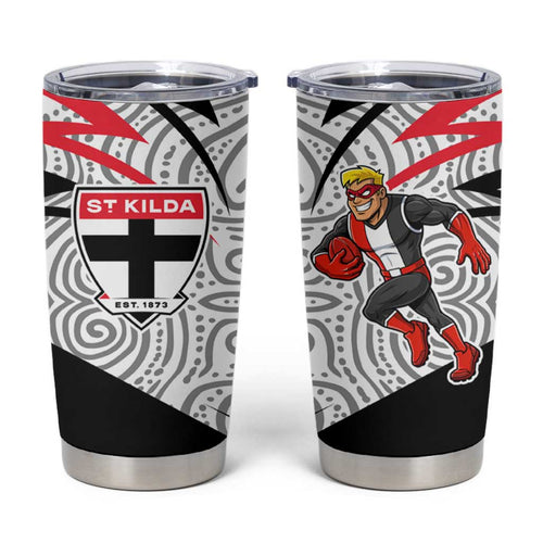 St Kilda Saints Australian Football Tumbler Cup Superhero Mascot Art With Indigenous Pattern Art