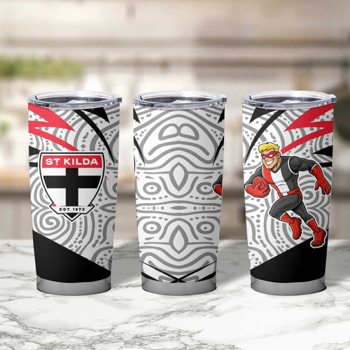 St Kilda Saints Australian Football Tumbler Cup Superhero Mascot Art With Indigenous Pattern Art