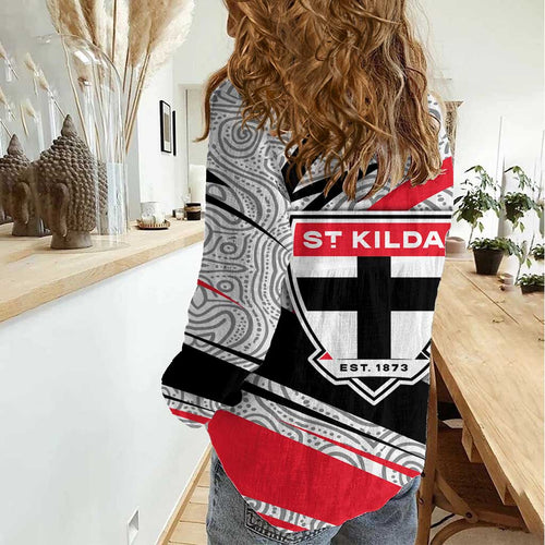 St Kilda Saints Australian Football Women Casual Shirt Superhero Mascot Art With Indigenous Pattern Art