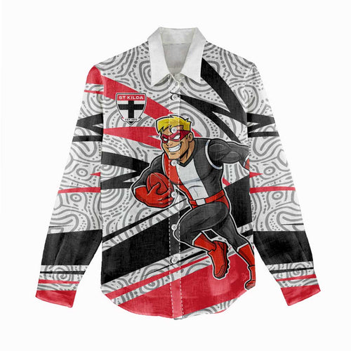 St Kilda Saints Australian Football Women Casual Shirt Superhero Mascot Art With Indigenous Pattern Art