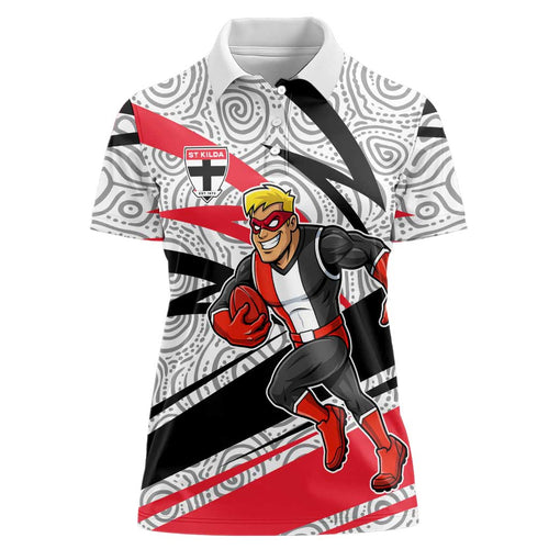 St Kilda Saints Australian Football Women Polo Shirt Superhero Mascot Art With Indigenous Pattern Art