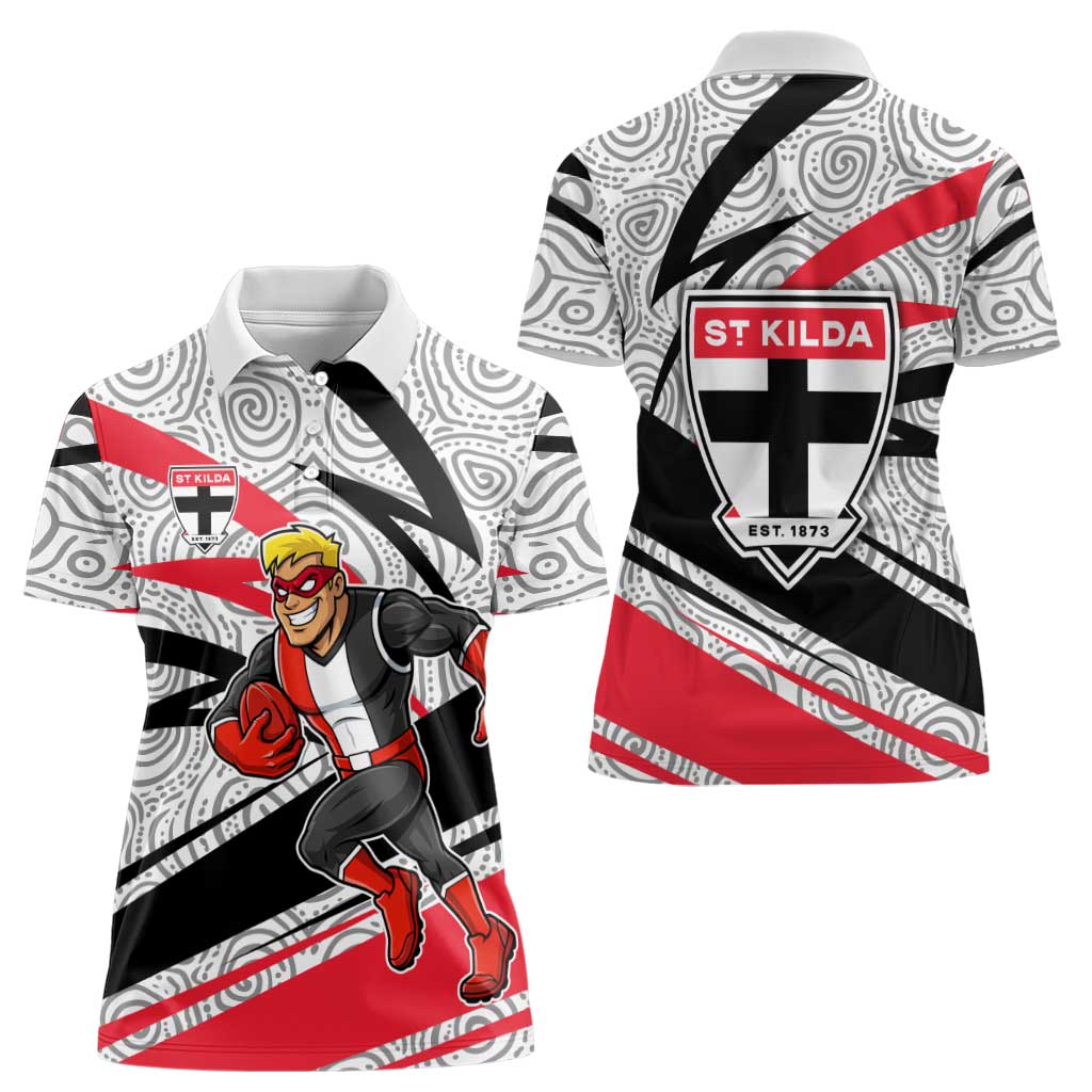 St Kilda Saints Australian Football Women Polo Shirt Superhero Mascot Art With Indigenous Pattern Art