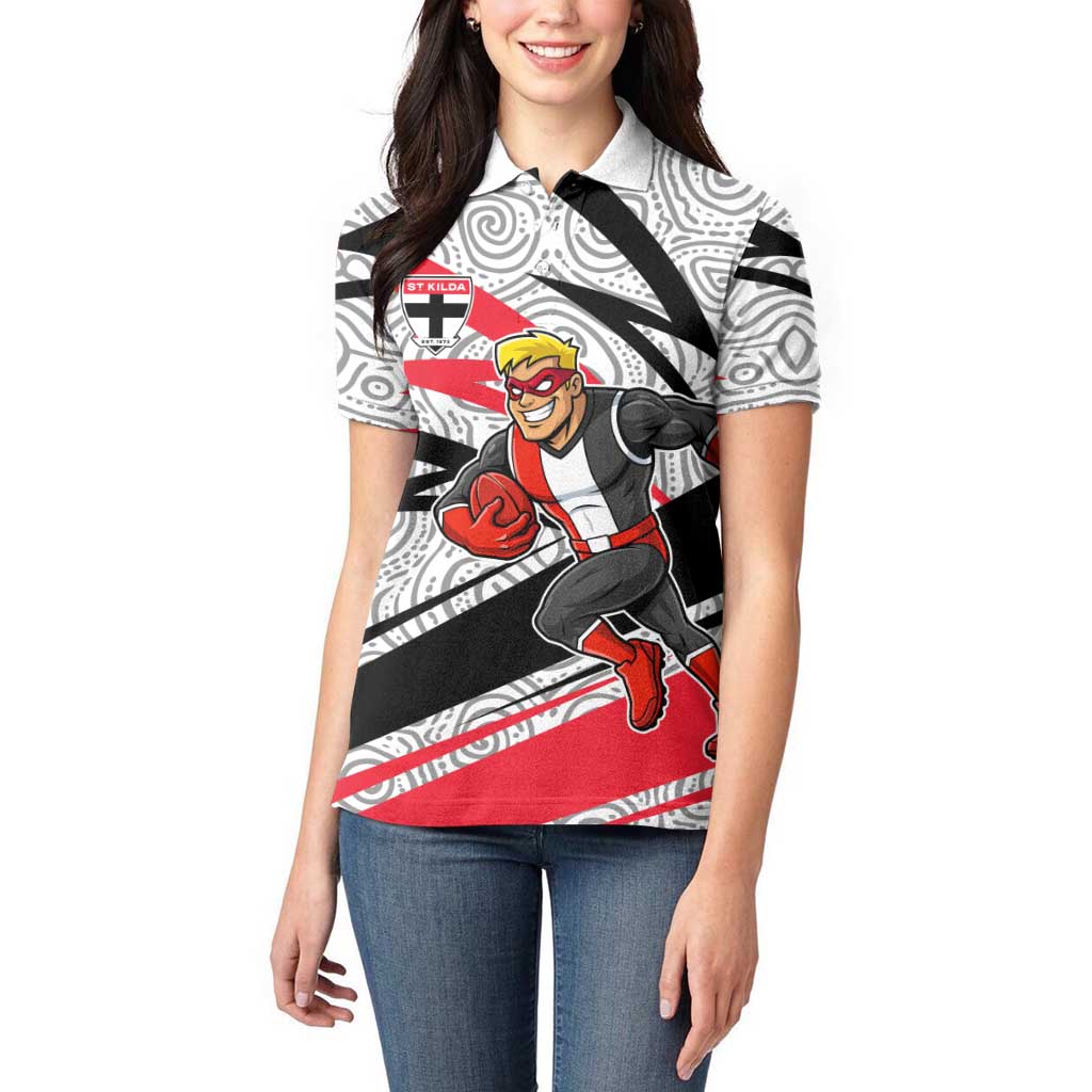 St Kilda Saints Australian Football Women Polo Shirt Superhero Mascot Art With Indigenous Pattern Art