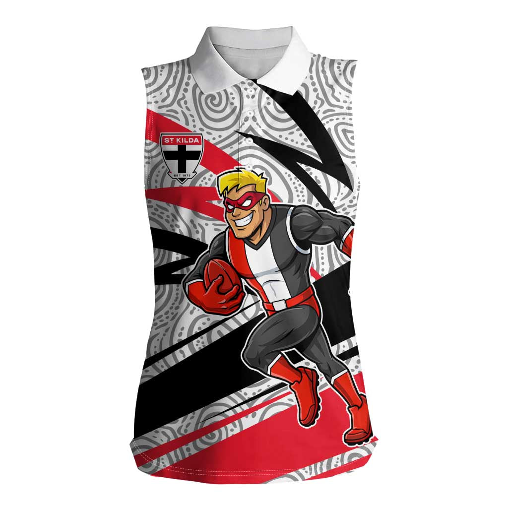 St Kilda Saints Australian Football Women Sleeveless Polo Shirt Superhero Mascot Art With Indigenous Pattern Art