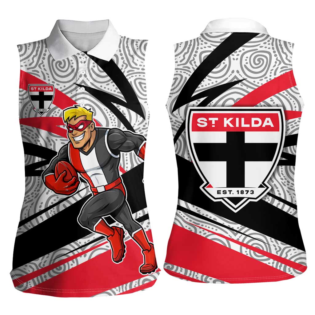 St Kilda Saints Australian Football Women Sleeveless Polo Shirt Superhero Mascot Art With Indigenous Pattern Art