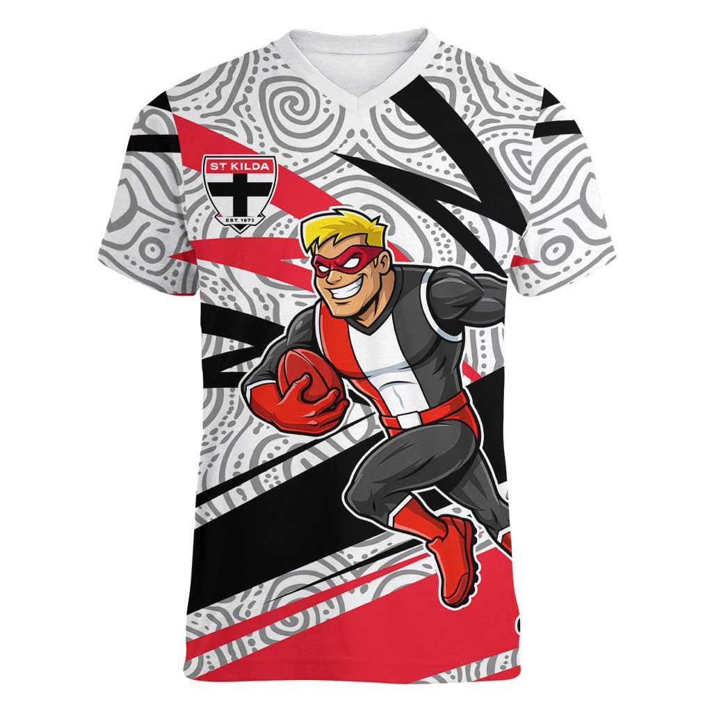 St Kilda Saints Australian Football Women V-Neck T-Shirt Superhero Mascot Art With Indigenous Pattern Art