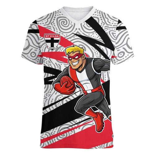 St Kilda Saints Australian Football Women V-Neck T-Shirt Superhero Mascot Art With Indigenous Pattern Art