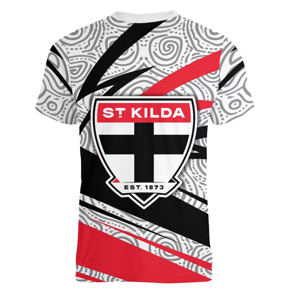 St Kilda Saints Australian Football Women V-Neck T-Shirt Superhero Mascot Art With Indigenous Pattern Art