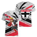 St Kilda Saints Australian Football Women V-Neck T-Shirt Superhero Mascot Art With Indigenous Pattern Art