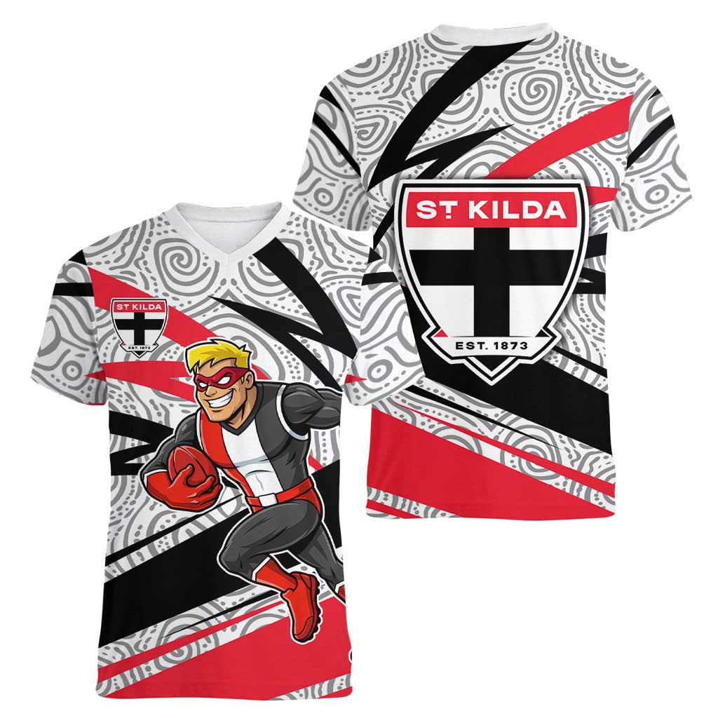 St Kilda Saints Australian Football Women V-Neck T-Shirt Superhero Mascot Art With Indigenous Pattern Art