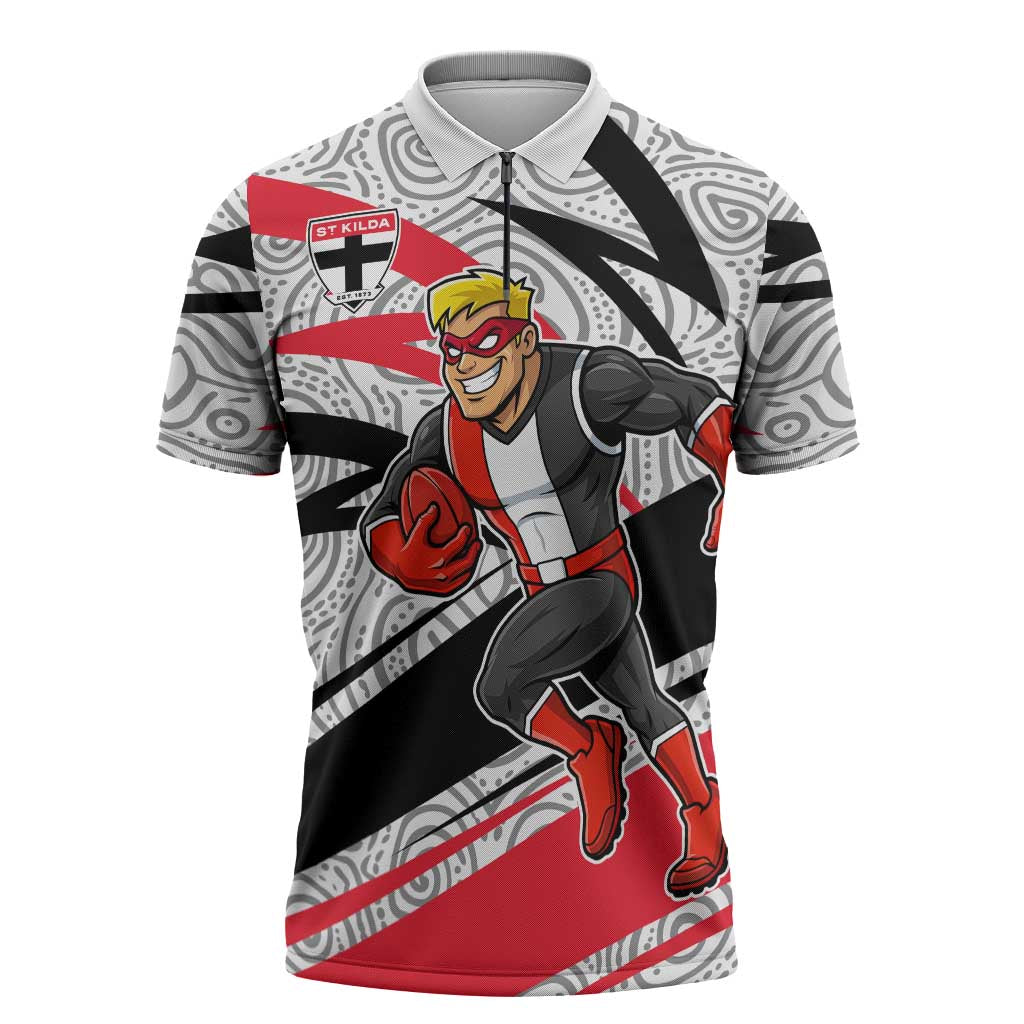 St Kilda Saints Australian Football Zipper Polo Shirt Superhero Mascot Art With Indigenous Pattern Art