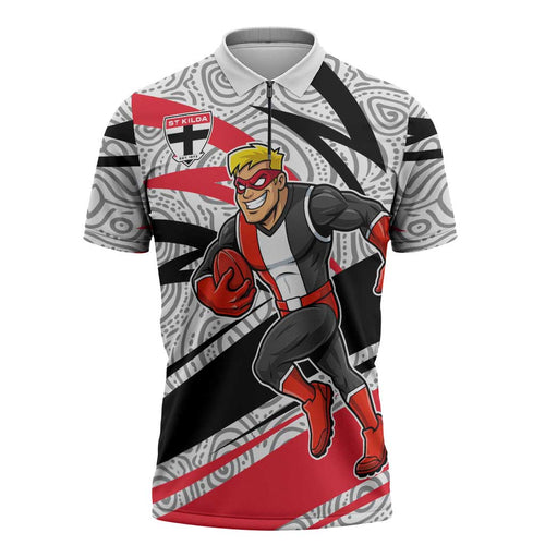 St Kilda Saints Australian Football Zipper Polo Shirt Superhero Mascot Art With Indigenous Pattern Art