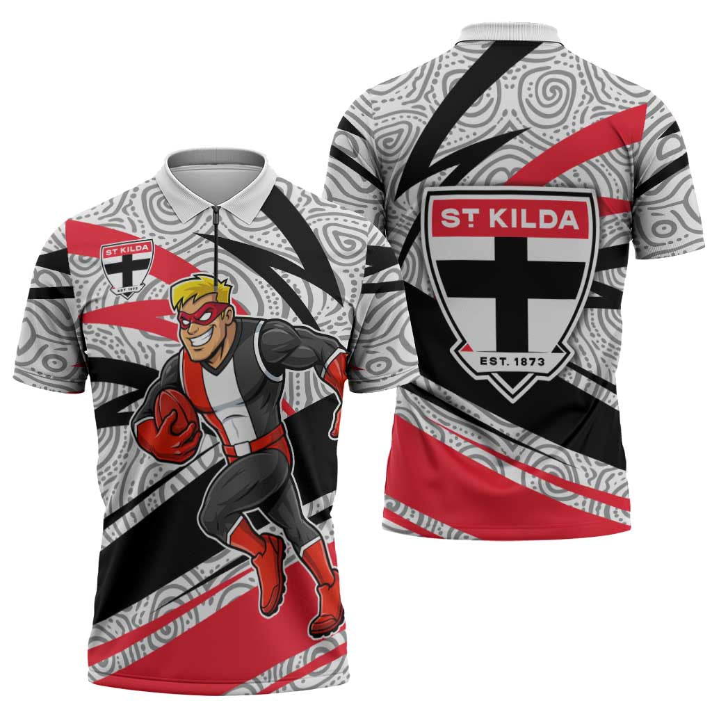 St Kilda Saints Australian Football Zipper Polo Shirt Superhero Mascot Art With Indigenous Pattern Art