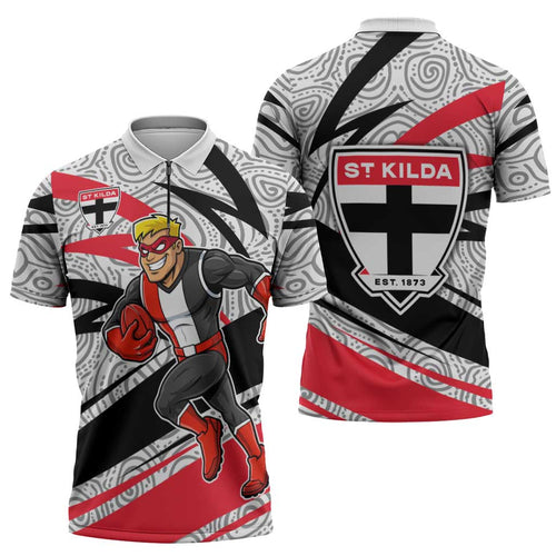 St Kilda Saints Australian Football Zipper Polo Shirt Superhero Mascot Art With Indigenous Pattern Art