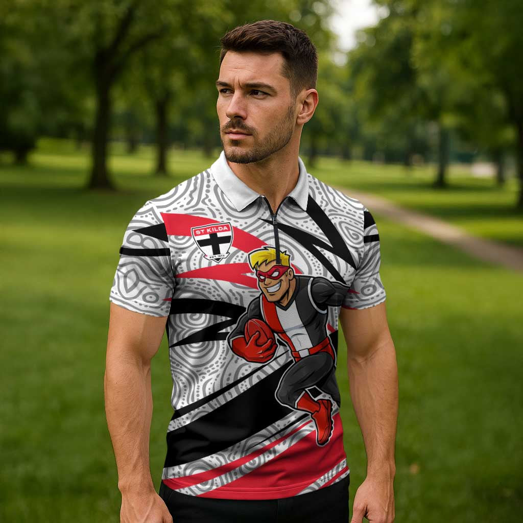 St Kilda Saints Australian Football Zipper Polo Shirt Superhero Mascot Art With Indigenous Pattern Art