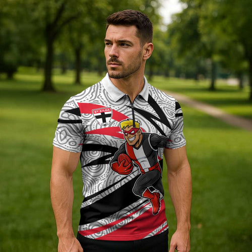 St Kilda Saints Australian Football Zipper Polo Shirt Superhero Mascot Art With Indigenous Pattern Art