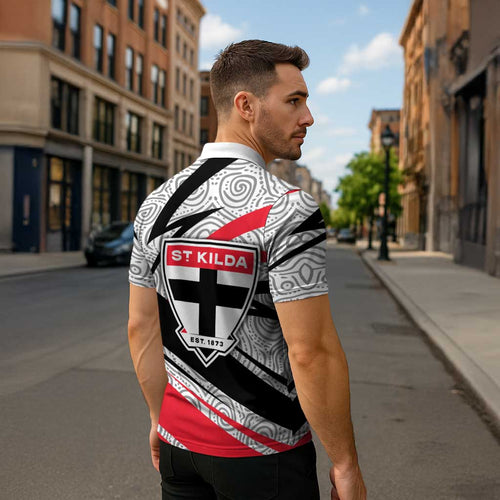 St Kilda Saints Australian Football Zipper Polo Shirt Superhero Mascot Art With Indigenous Pattern Art