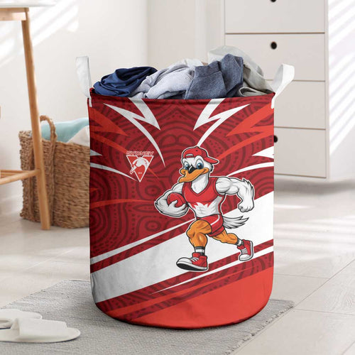 Sydney Swans Australian Football Laundry Basket Swans Mascot Art With Indigenous Pattern Art