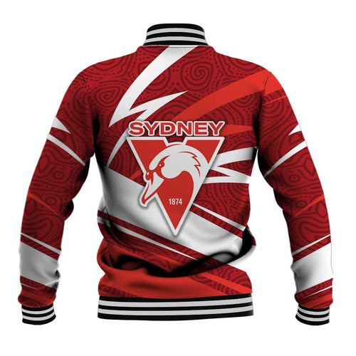 Sydney Swans Australian Football Baseball Jacket Swans Mascot Art With Indigenous Pattern Art