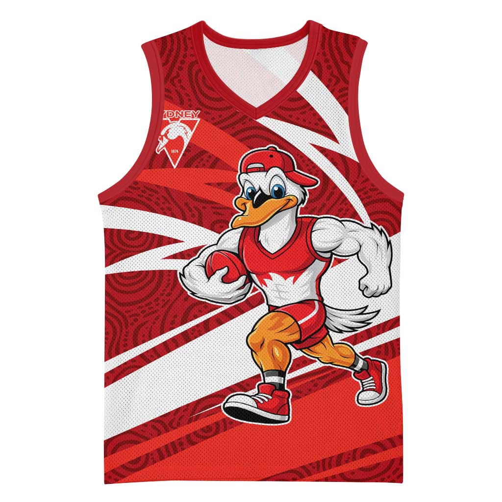 Sydney Swans Australian Football Basketball Jersey Swans Mascot Art With Indigenous Pattern Art