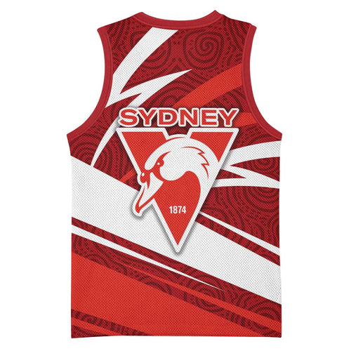 Sydney Swans Australian Football Basketball Jersey Swans Mascot Art With Indigenous Pattern Art