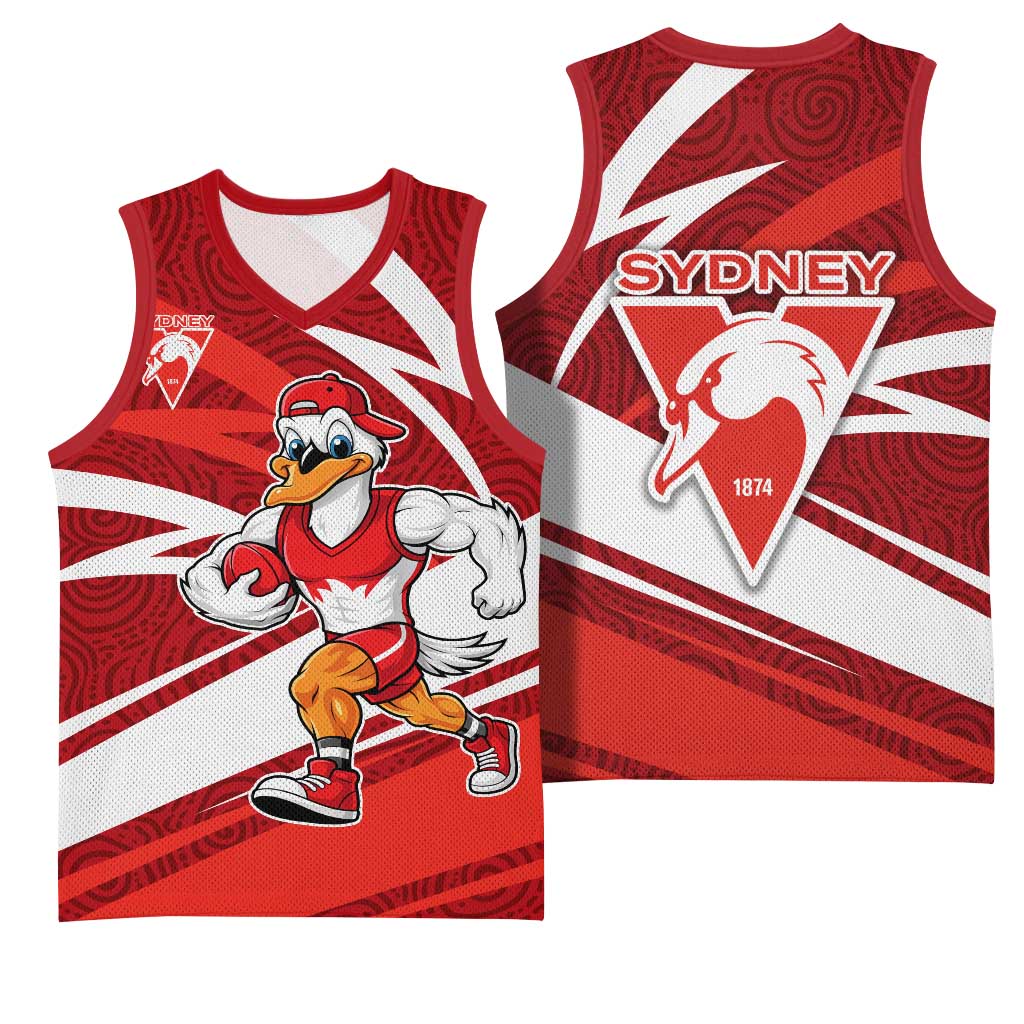 Sydney Swans Australian Football Basketball Jersey Swans Mascot Art With Indigenous Pattern Art