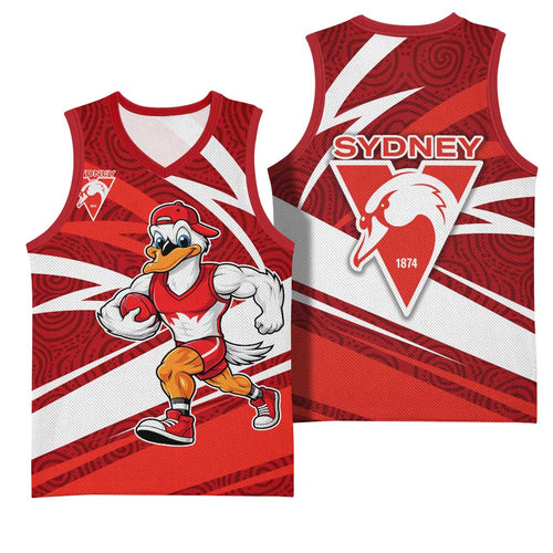 Sydney Swans Australian Football Basketball Jersey Swans Mascot Art With Indigenous Pattern Art