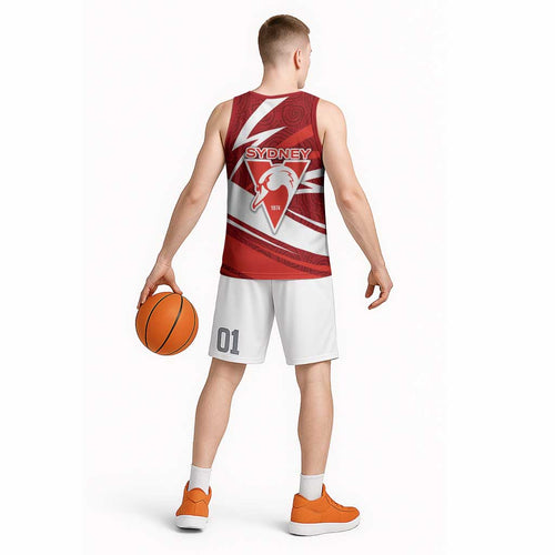 Sydney Swans Australian Football Basketball Jersey Swans Mascot Art With Indigenous Pattern Art