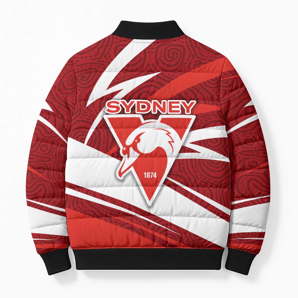 Sydney Swans Australian Football Bomber Puffer Jacket Swans Mascot Art With Indigenous Pattern Art