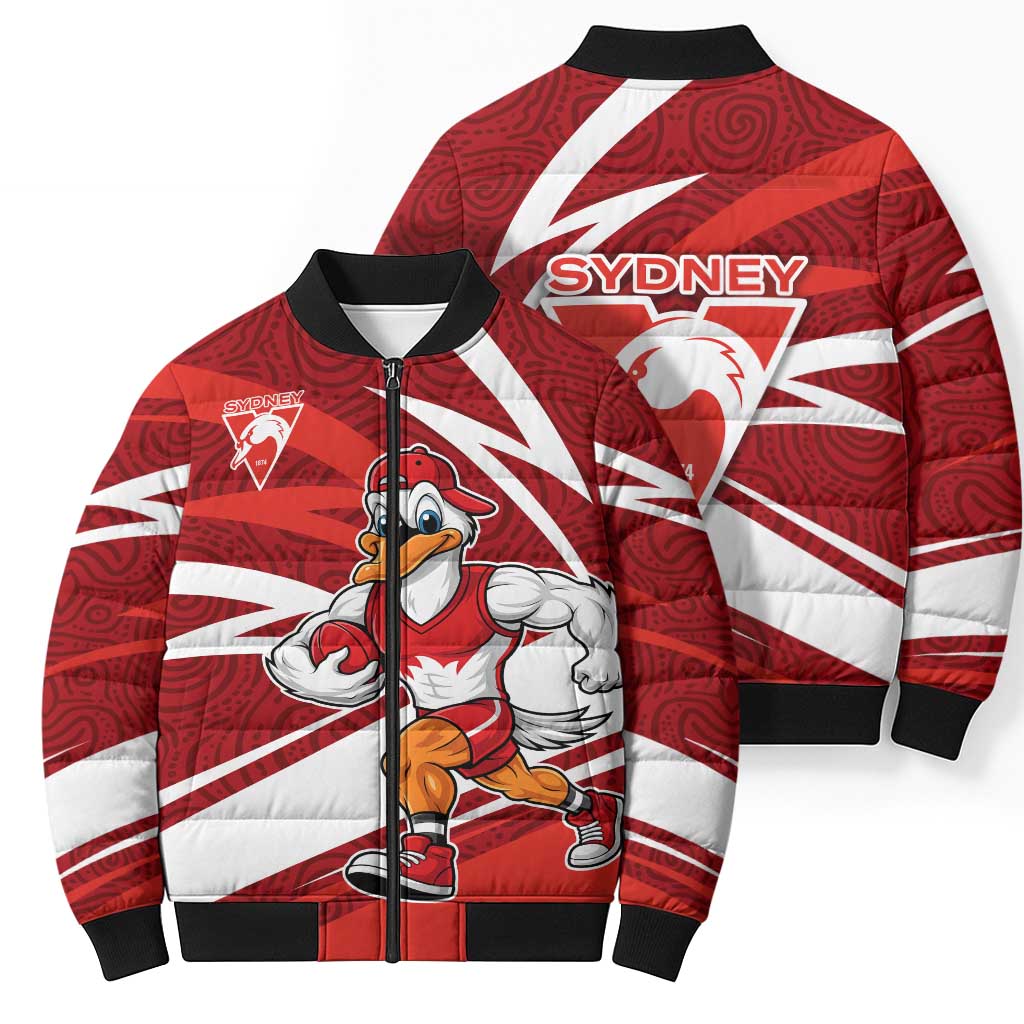Sydney Swans Australian Football Bomber Puffer Jacket Swans Mascot Art With Indigenous Pattern Art