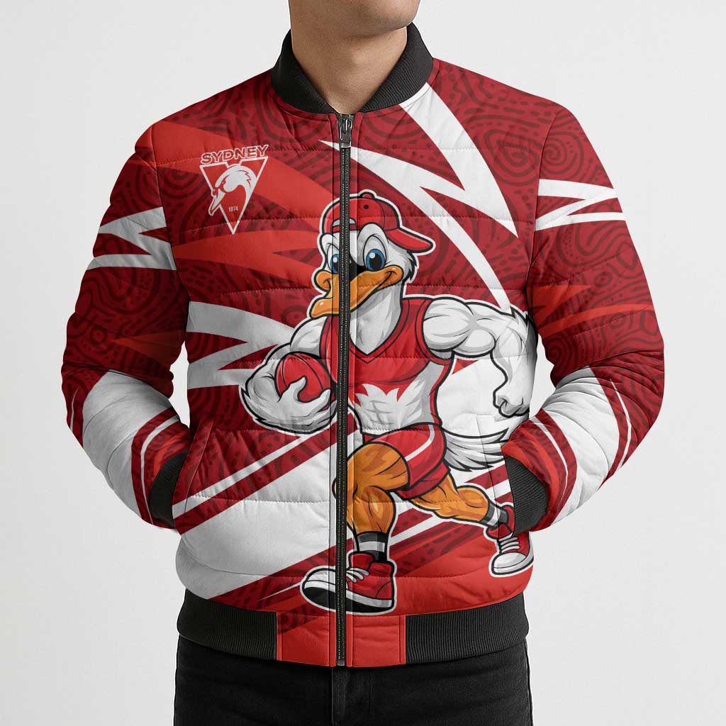 Sydney Swans Australian Football Bomber Puffer Jacket Swans Mascot Art With Indigenous Pattern Art