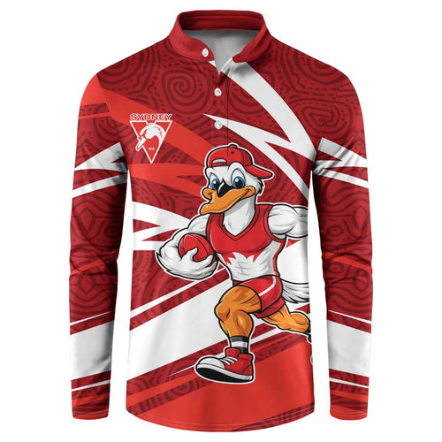 Sydney Swans Australian Football Button Sweatshirt Swans Mascot Art With Indigenous Pattern Art