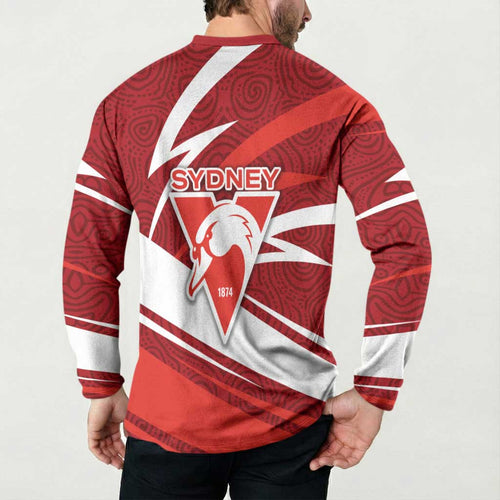 Sydney Swans Australian Football Button Sweatshirt Swans Mascot Art With Indigenous Pattern Art