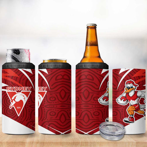 Sydney Swans Australian Football 4 in 1 Can Cooler Tumbler Swans Mascot Art With Indigenous Pattern Art