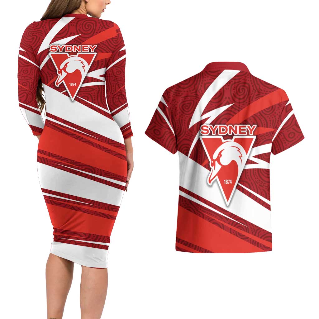 Sydney Swans Australian Football Couples Matching Long Sleeve Bodycon Dress and Hawaiian Shirt Swans Mascot Art With Indigenous Pattern Art
