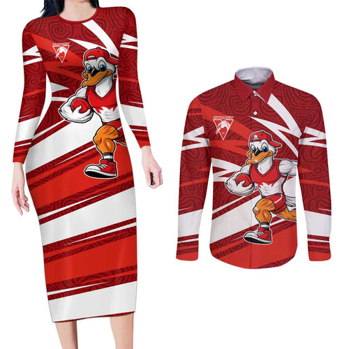 Sydney Swans Australian Football Couples Matching Long Sleeve Bodycon Dress and Long Sleeve Button Shirt Swans Mascot Art With Indigenous Pattern Art