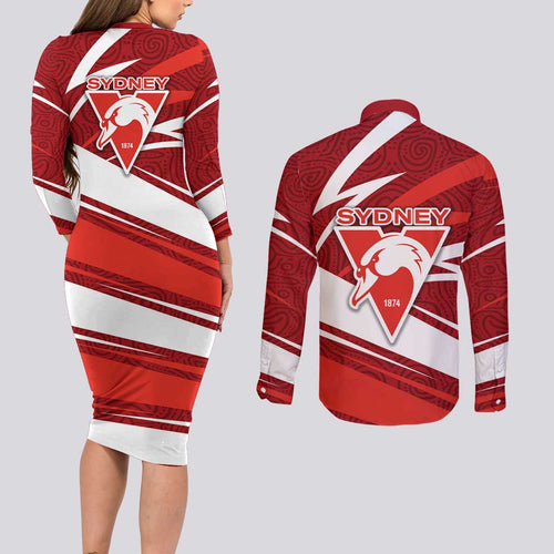 Sydney Swans Australian Football Couples Matching Long Sleeve Bodycon Dress and Long Sleeve Button Shirt Swans Mascot Art With Indigenous Pattern Art
