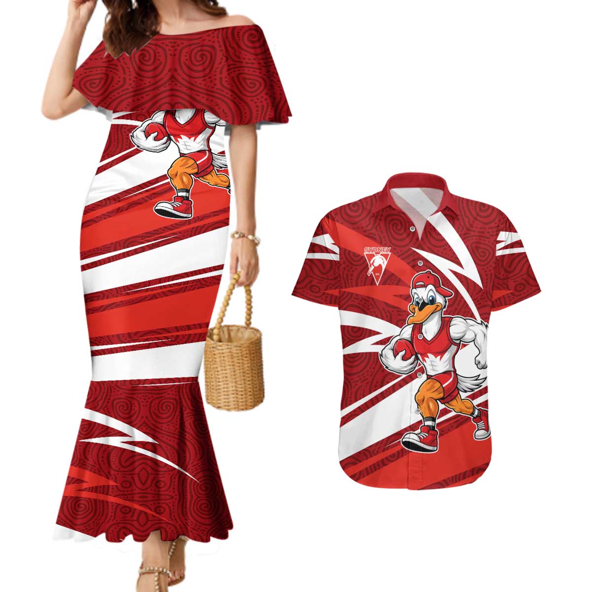 Sydney Swans Australian Football Couples Matching Mermaid Dress and Hawaiian Shirt Swans Mascot Art With Indigenous Pattern Art