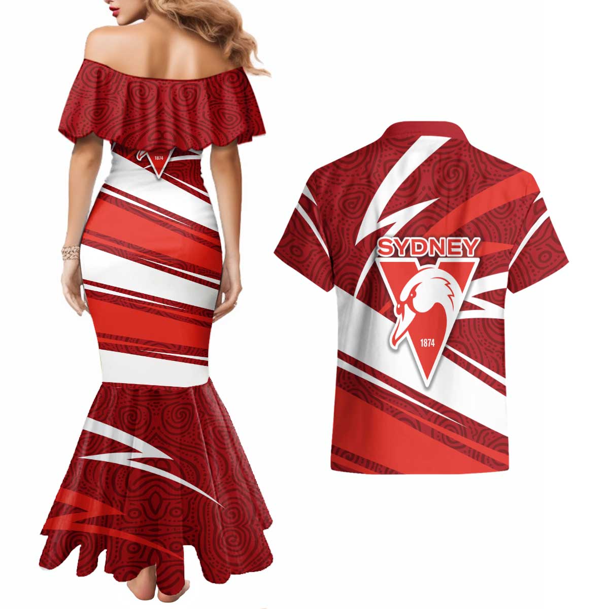 Sydney Swans Australian Football Couples Matching Mermaid Dress and Hawaiian Shirt Swans Mascot Art With Indigenous Pattern Art
