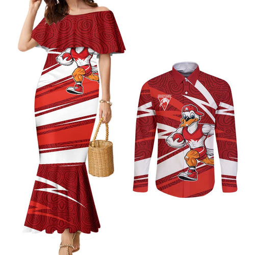 Sydney Swans Australian Football Couples Matching Mermaid Dress and Long Sleeve Button Shirt Swans Mascot Art With Indigenous Pattern Art
