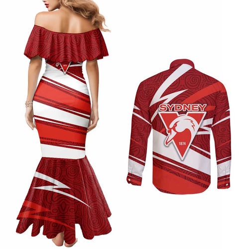 Sydney Swans Australian Football Couples Matching Mermaid Dress and Long Sleeve Button Shirt Swans Mascot Art With Indigenous Pattern Art