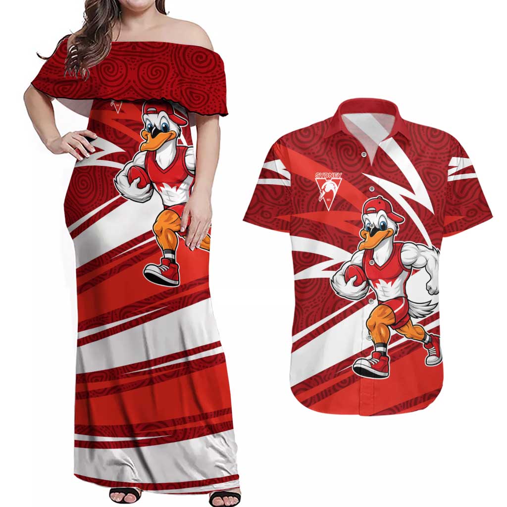 Sydney Swans Australian Football Couples Matching Off Shoulder Maxi Dress and Hawaiian Shirt Swans Mascot Art With Indigenous Pattern Art