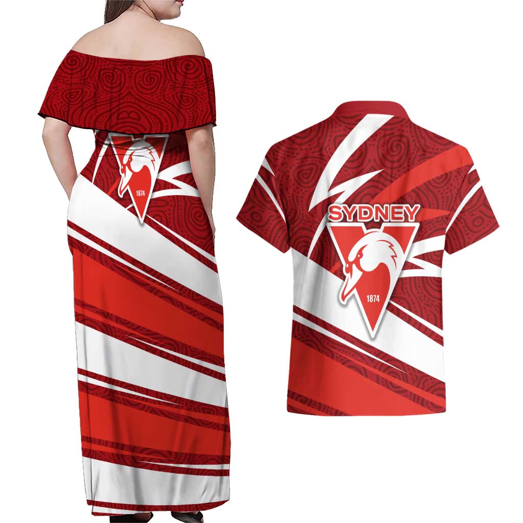 Sydney Swans Australian Football Couples Matching Off Shoulder Maxi Dress and Hawaiian Shirt Swans Mascot Art With Indigenous Pattern Art