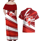 Sydney Swans Australian Football Couples Matching Off Shoulder Maxi Dress and Hawaiian Shirt Swans Mascot Art With Indigenous Pattern Art