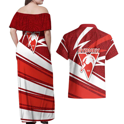 Sydney Swans Australian Football Couples Matching Off Shoulder Maxi Dress and Hawaiian Shirt Swans Mascot Art With Indigenous Pattern Art